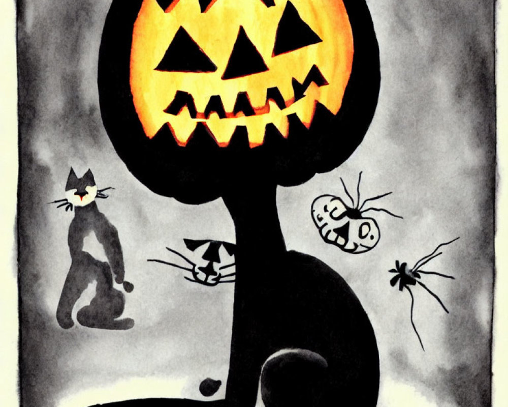Stylized black cat with glowing jack-o'-lantern head surrounded by whimsical creatures in spooky