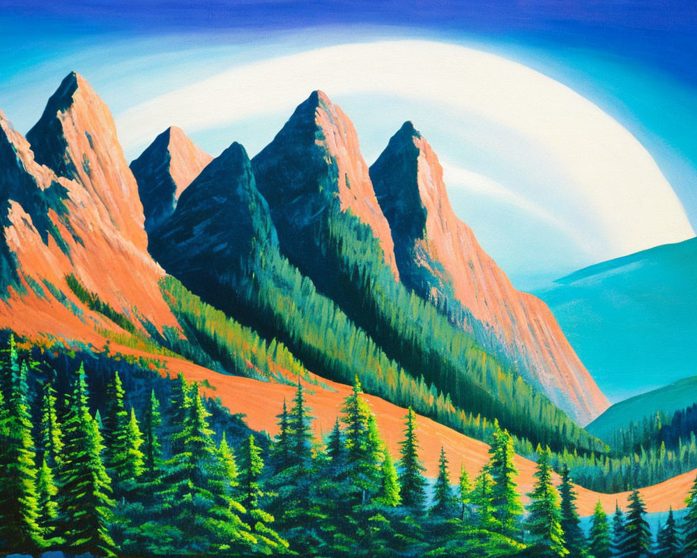 Colorful Mountain Range Painting with Evergreen Trees and Sunrise or Sunset