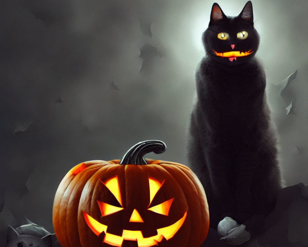 Sinister black cat and carved pumpkin with glowing eyes