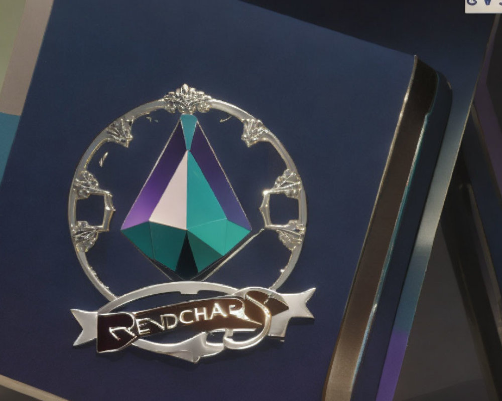 Colorful Crystal Graphic Emblem with "RENCHARS" Text on Stylized Banner Against Geometric