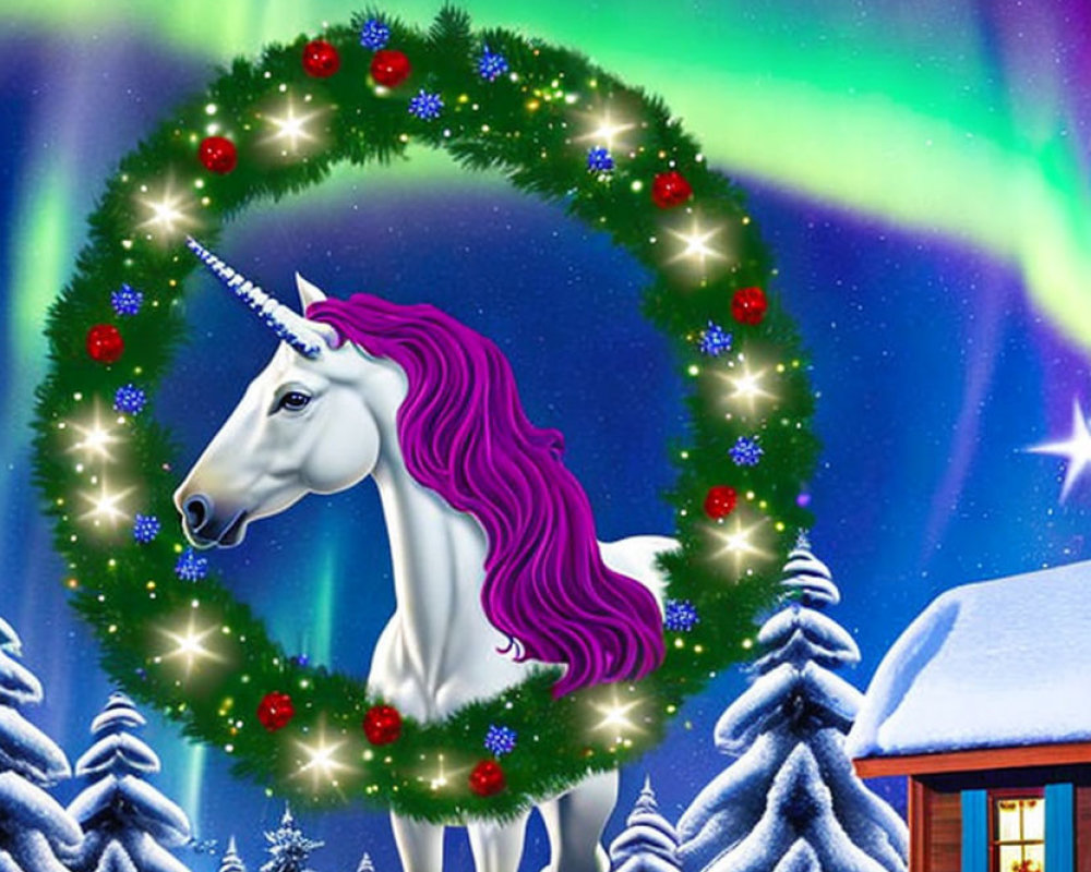 White Unicorn with Pink Mane in Sparkling Green Wreath Under Night Sky