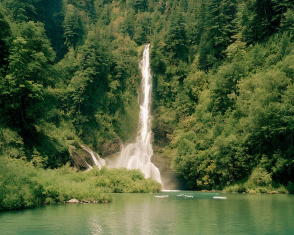 Tranquil waterfall in lush green landscape