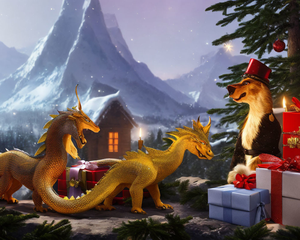 Golden dragons and otter by Christmas tree with snowy mountain backdrop