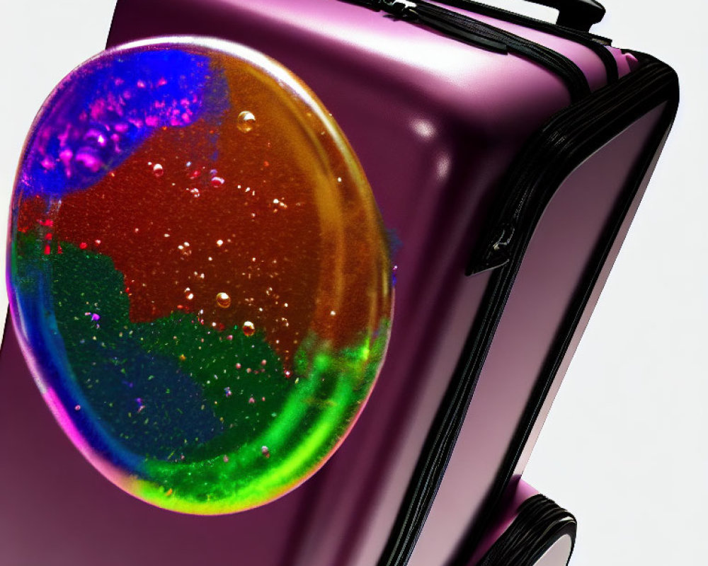 Purple Metallic Suitcase with Colorful Abstract Circular Design on Light Background