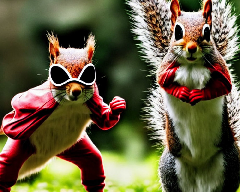 Squirrels in sunglasses and superhero costume on grass