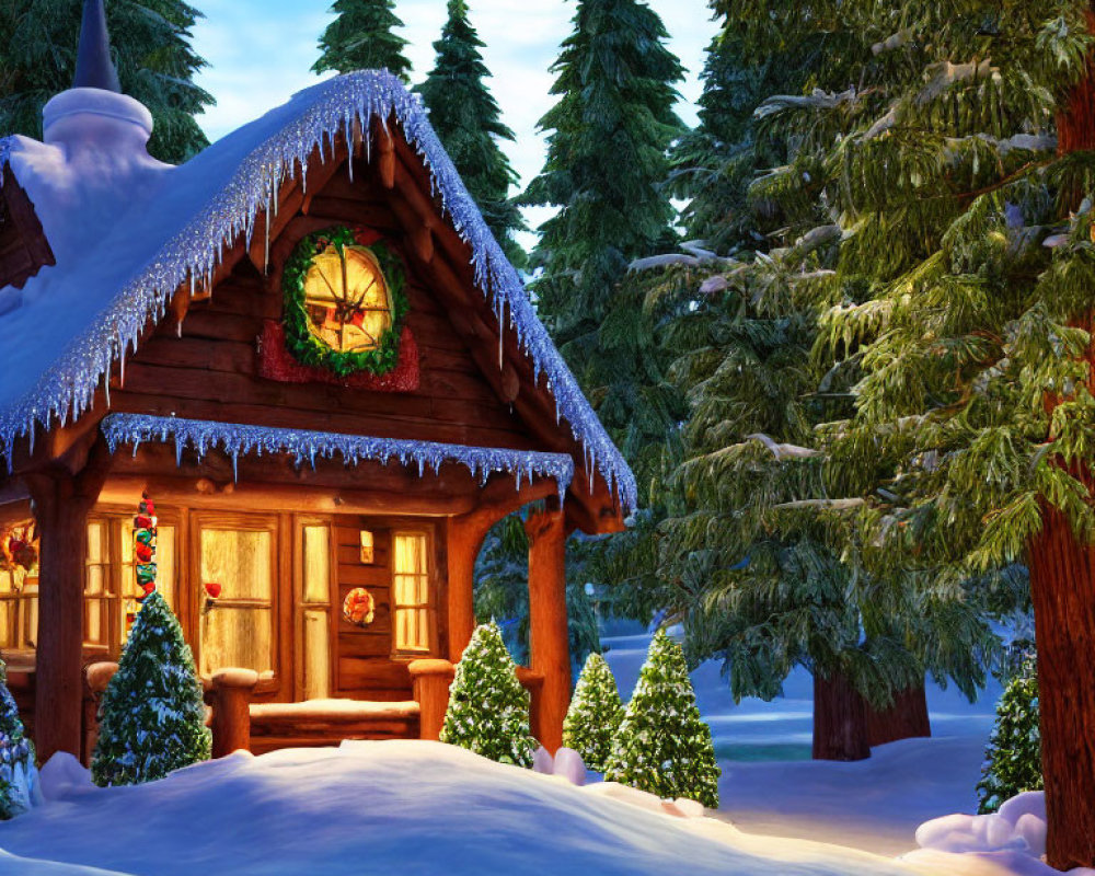 Snow-covered log cabin with Christmas decorations in pine forest at twilight