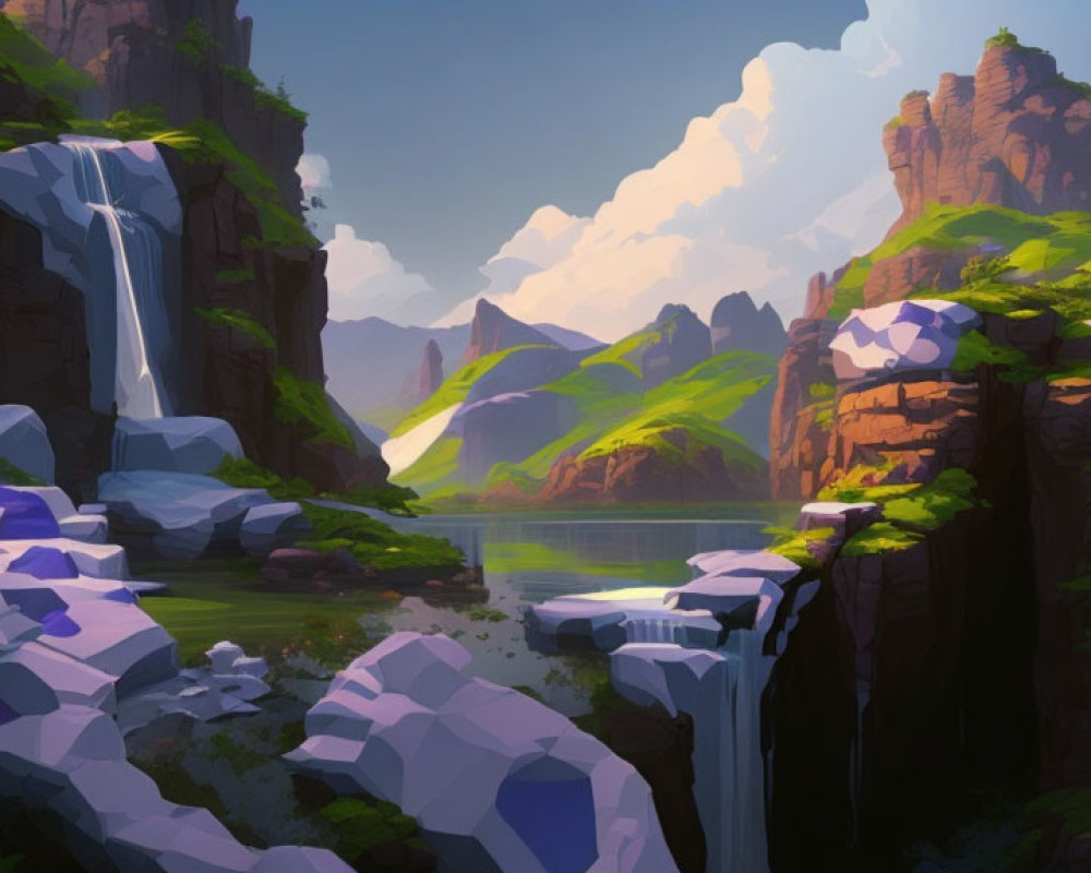 Tranquil Valley with Waterfalls, Rocky Cliffs, and Serene Lake