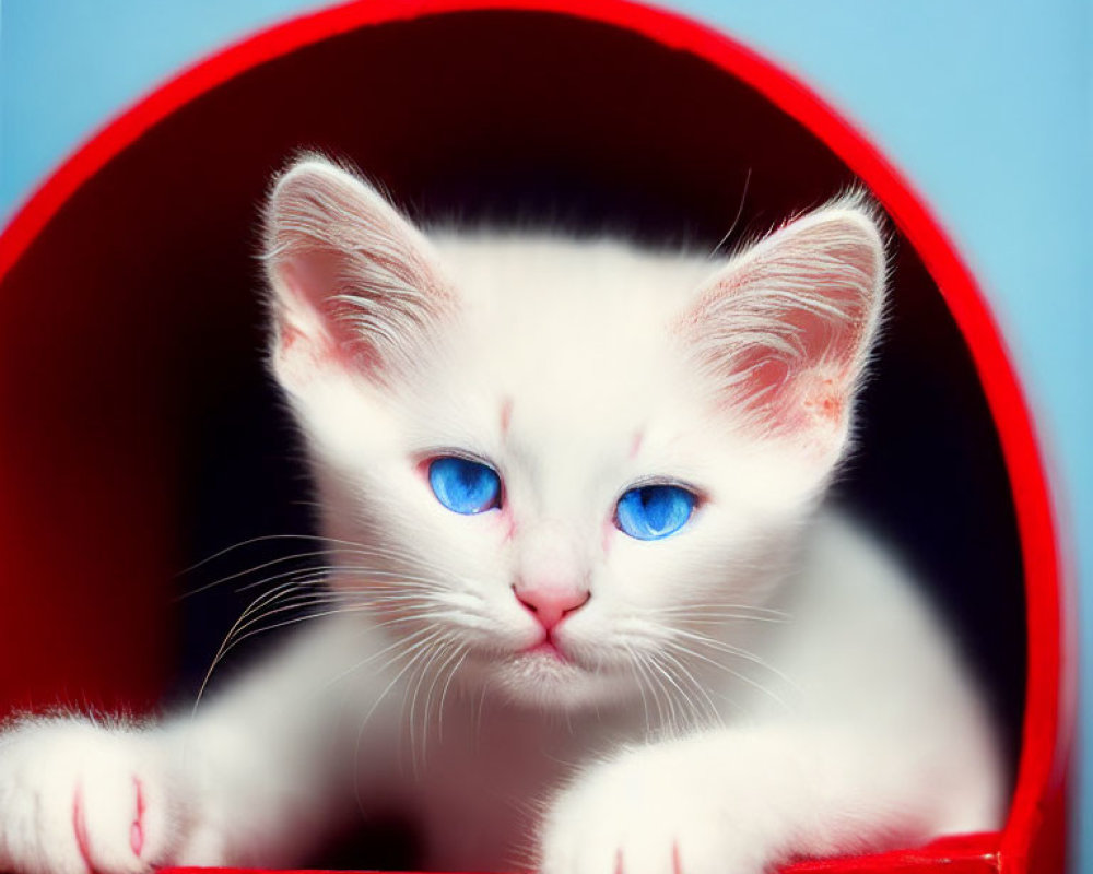 White Kitten with Blue Eyes in Red Cube on Blue Background