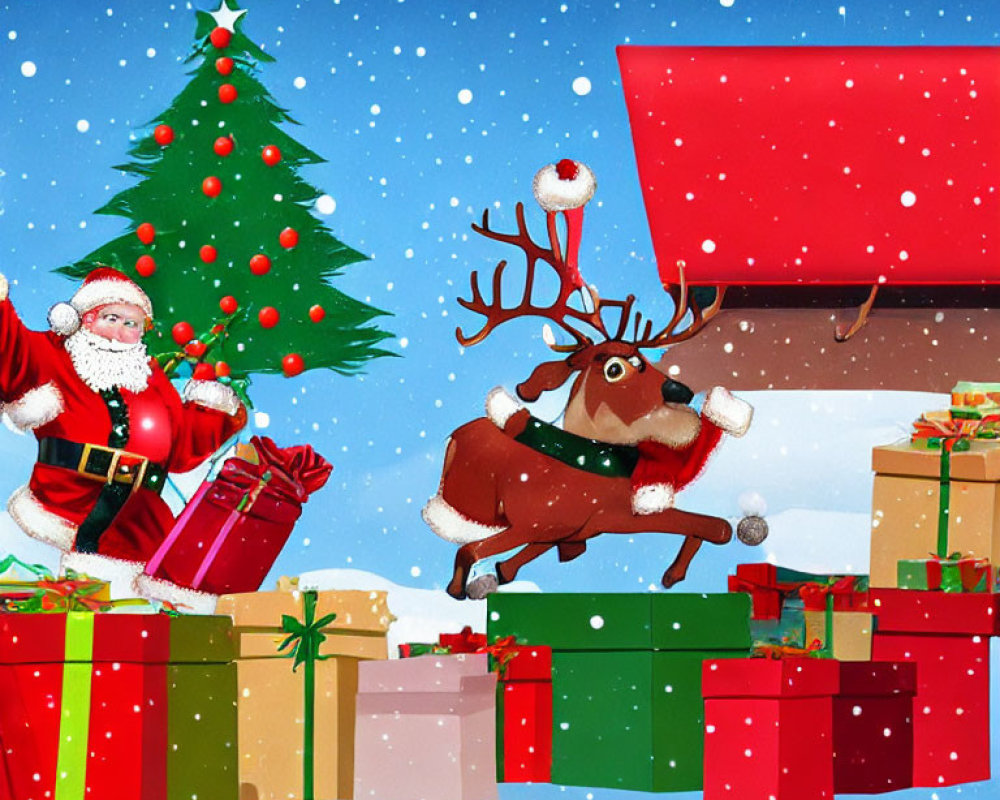 Festive Santa, reindeer, gifts, and Christmas tree in snowy scene