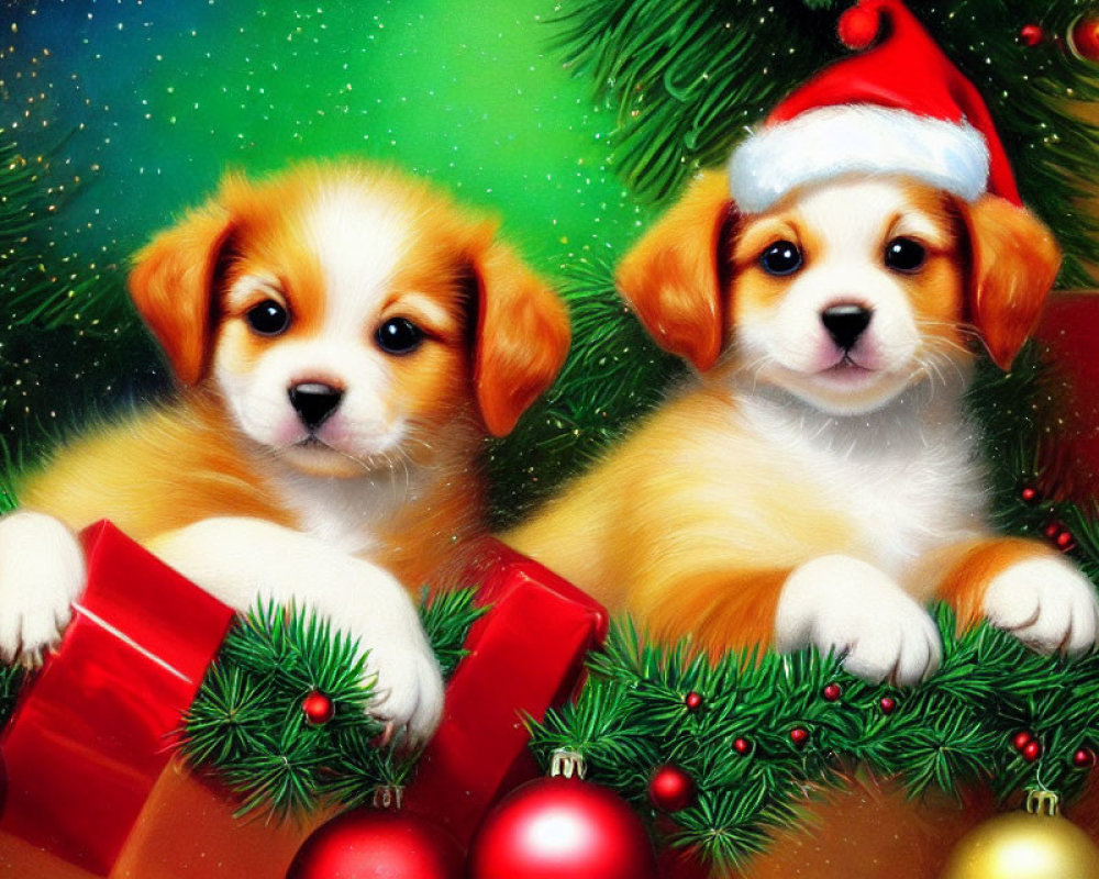 Two Santa hat-wearing puppies in red gift box with Christmas decorations