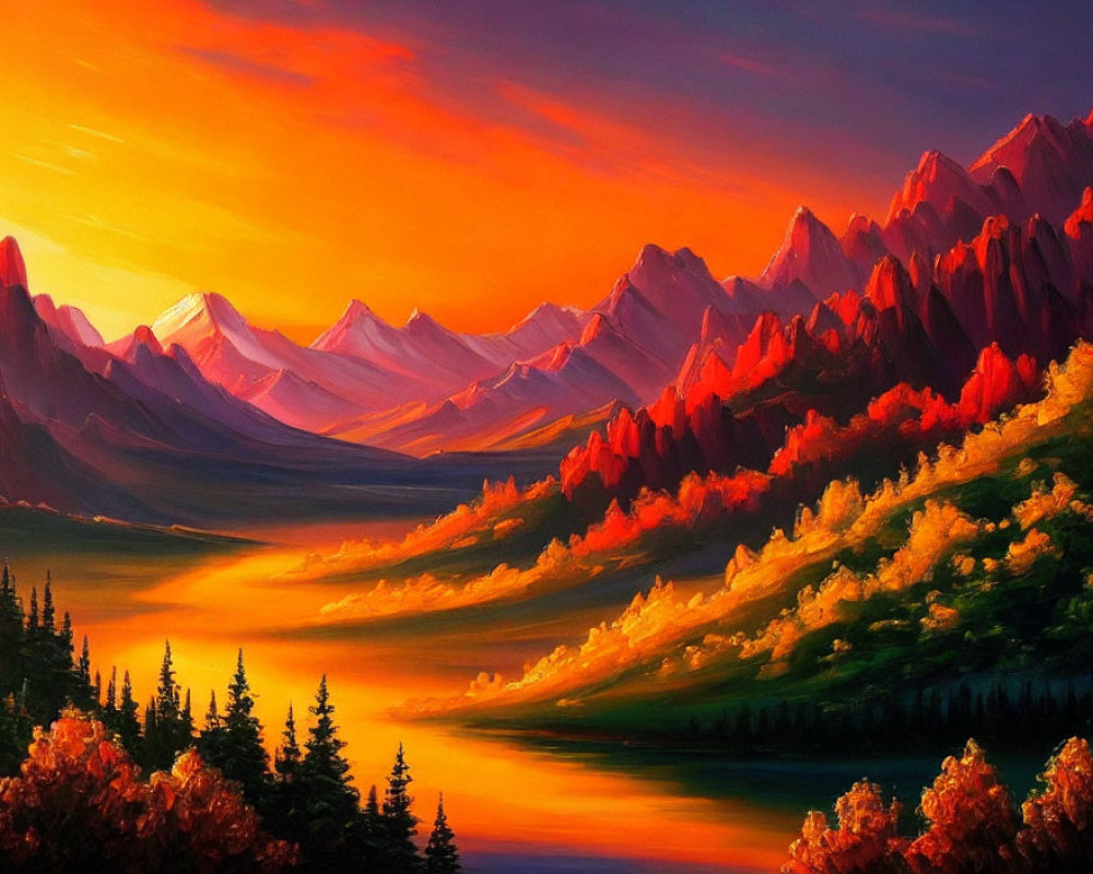 Colorful Mountain Landscape with Fiery Sunset Sky and Autumn Trees