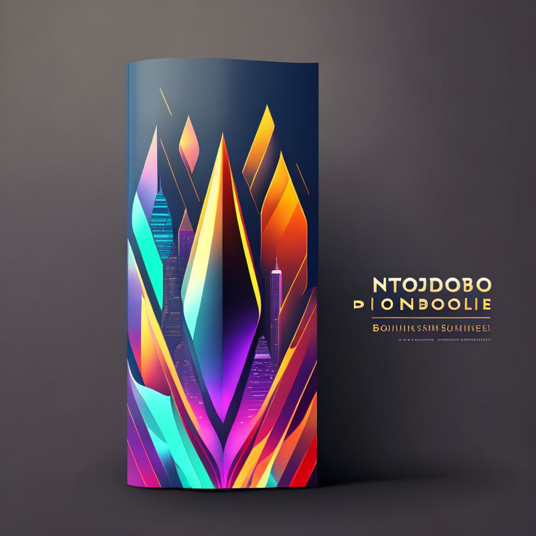 Abstract Brochure Cover: Vibrant Geometric Shapes, Futuristic City Buildings, Dark Background