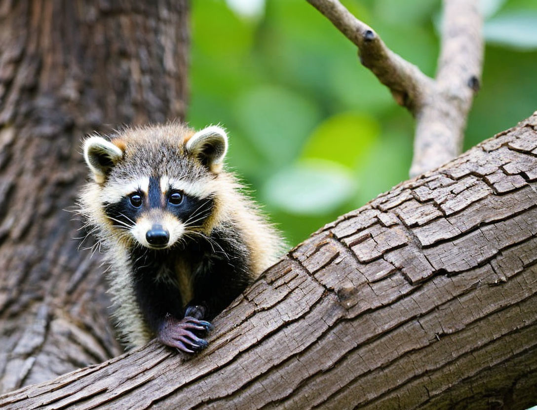 Curious raccoon on tree branch with black mask and ringed tail.