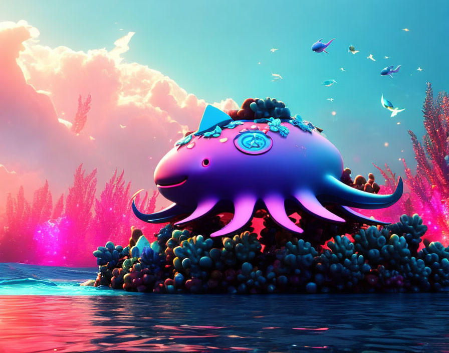 Whimsical digital artwork of giant octopus with floral pattern, coral reef, neon-pink sky