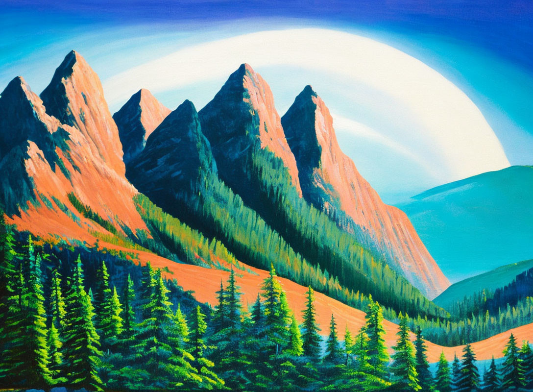 Colorful Mountain Range Painting with Evergreen Trees and Sunrise or Sunset