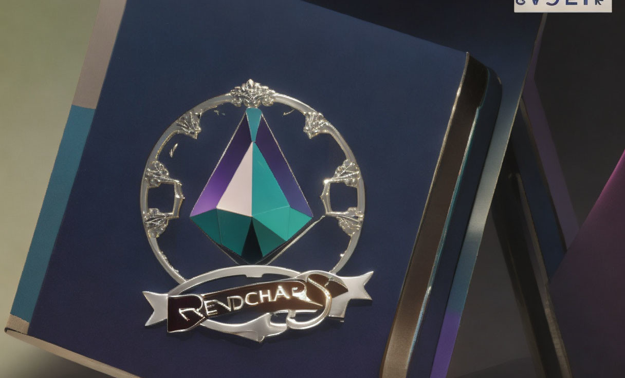 Colorful Crystal Graphic Emblem with "RENCHARS" Text on Stylized Banner Against Geometric