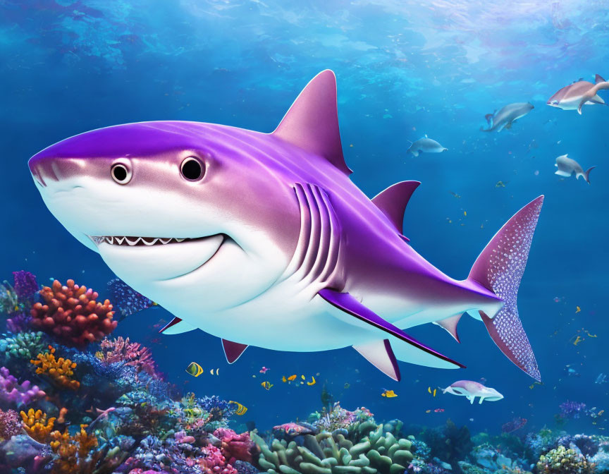 Purple Cartoon Shark Smiling in Vibrant Underwater Scene