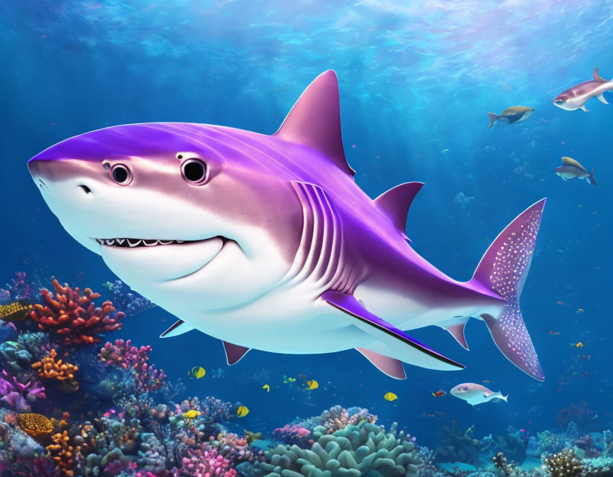 Friendly Cartoon Shark Swimming in Purple Hues Above Vibrant Coral Reef