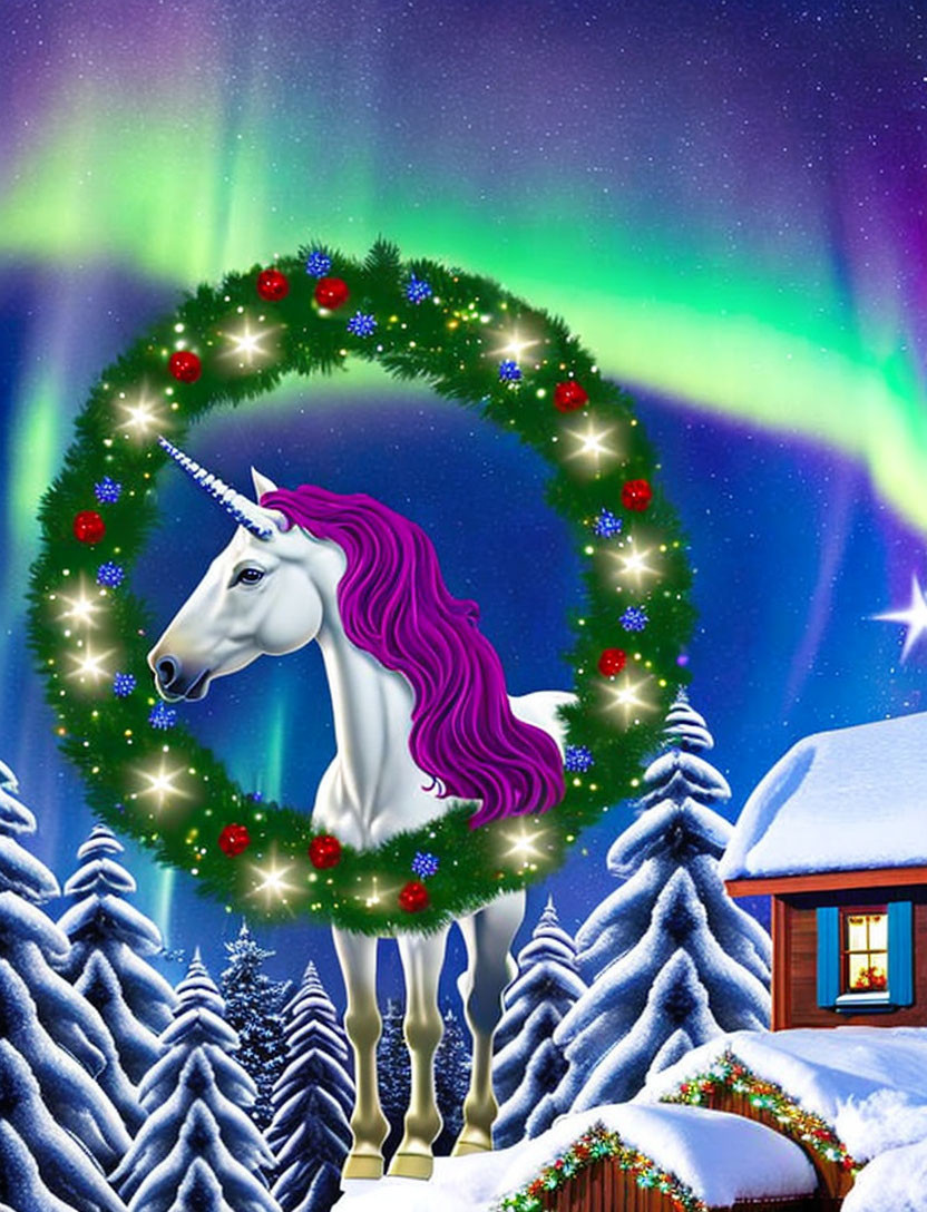 White Unicorn with Pink Mane in Sparkling Green Wreath Under Night Sky