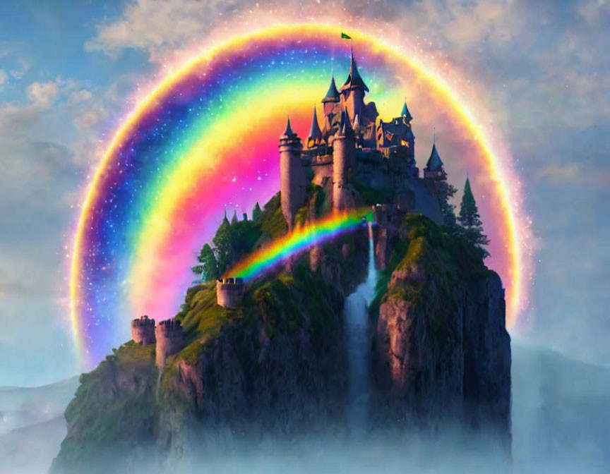 Majestic fantasy castle on cliff under vibrant rainbow