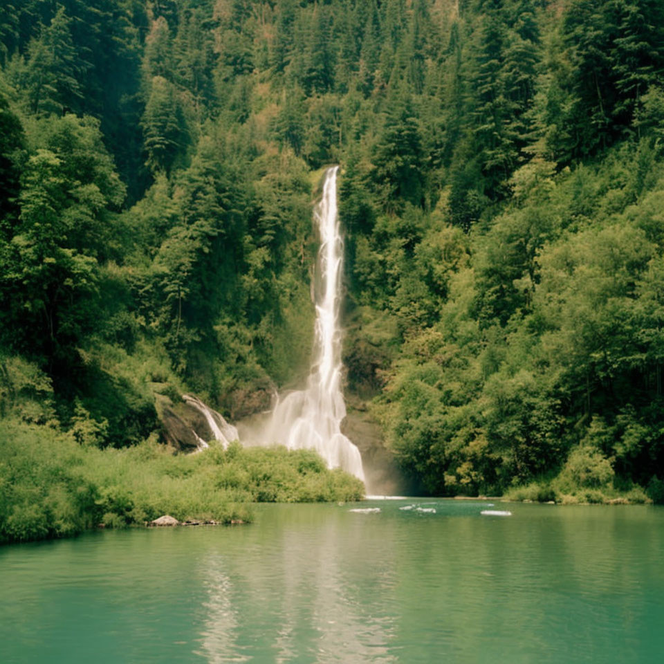 Tranquil waterfall in lush green landscape