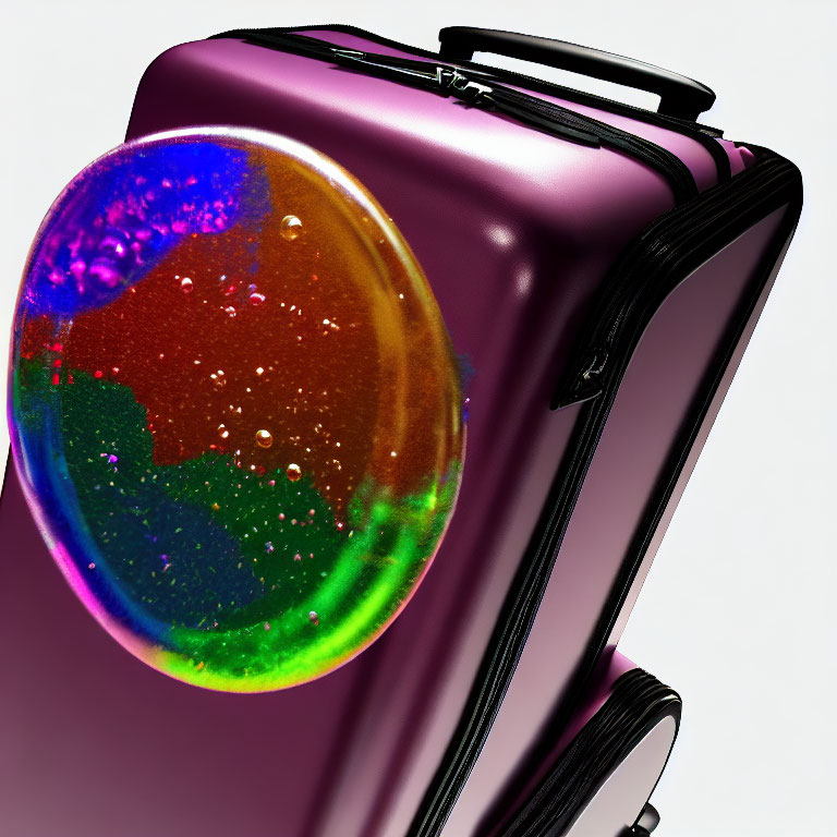 Purple Metallic Suitcase with Colorful Abstract Circular Design on Light Background