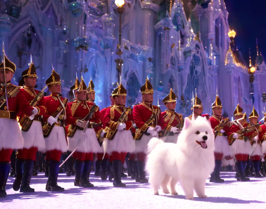 White fluffy dog with marching band and icy castle backdrop