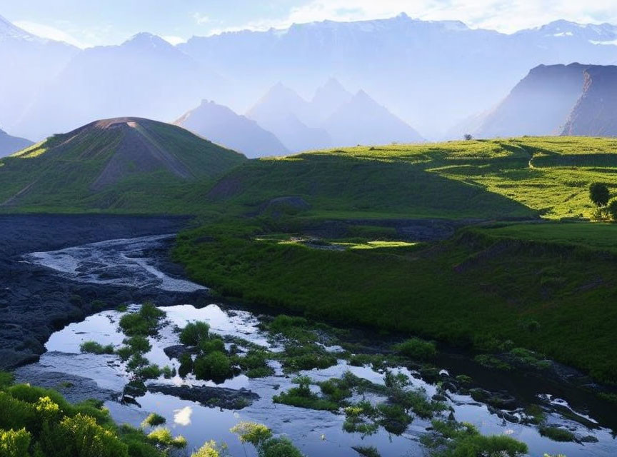 Tranquil river landscape with lush greenery and misty mountains