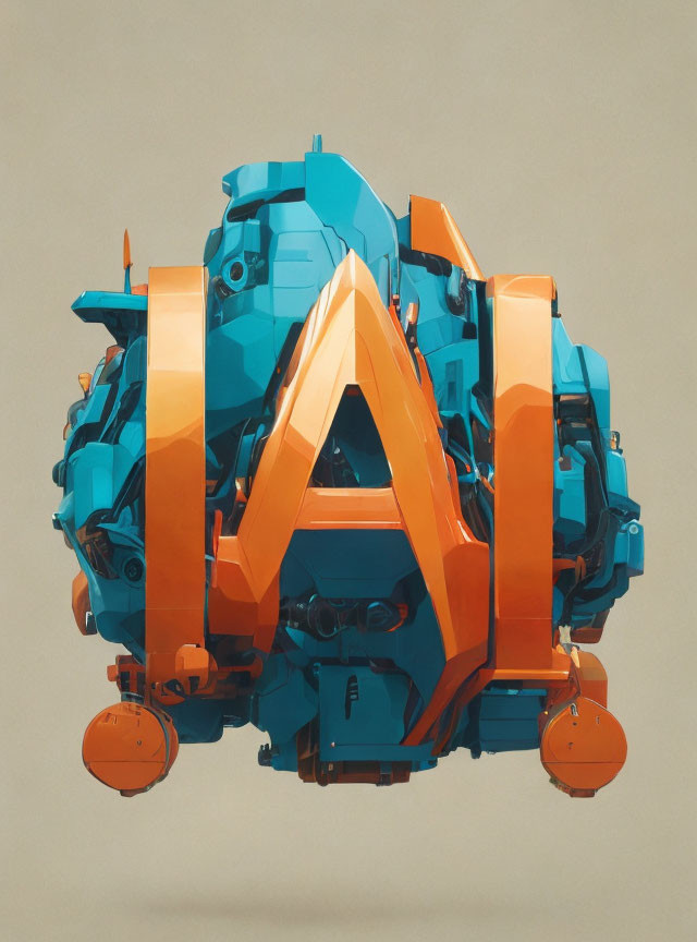 Abstract orange and blue mechanical sphere with letter 'A' on neutral background