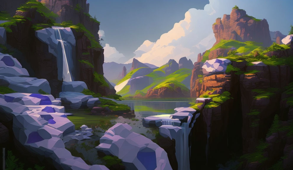 Tranquil Valley with Waterfalls, Rocky Cliffs, and Serene Lake