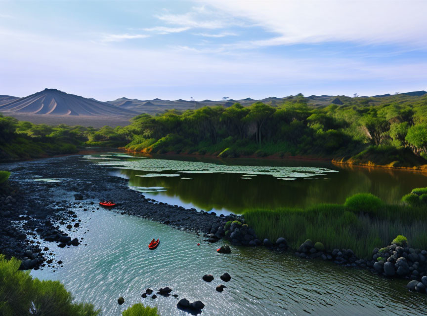 Kayakers on serene river with lily pads, lush greenery, and hill under blue sky