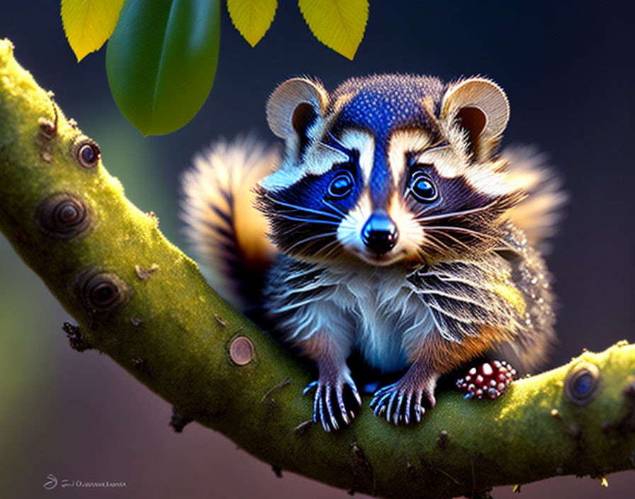 Vibrant raccoon illustration on branch with ladybug & lush leaves