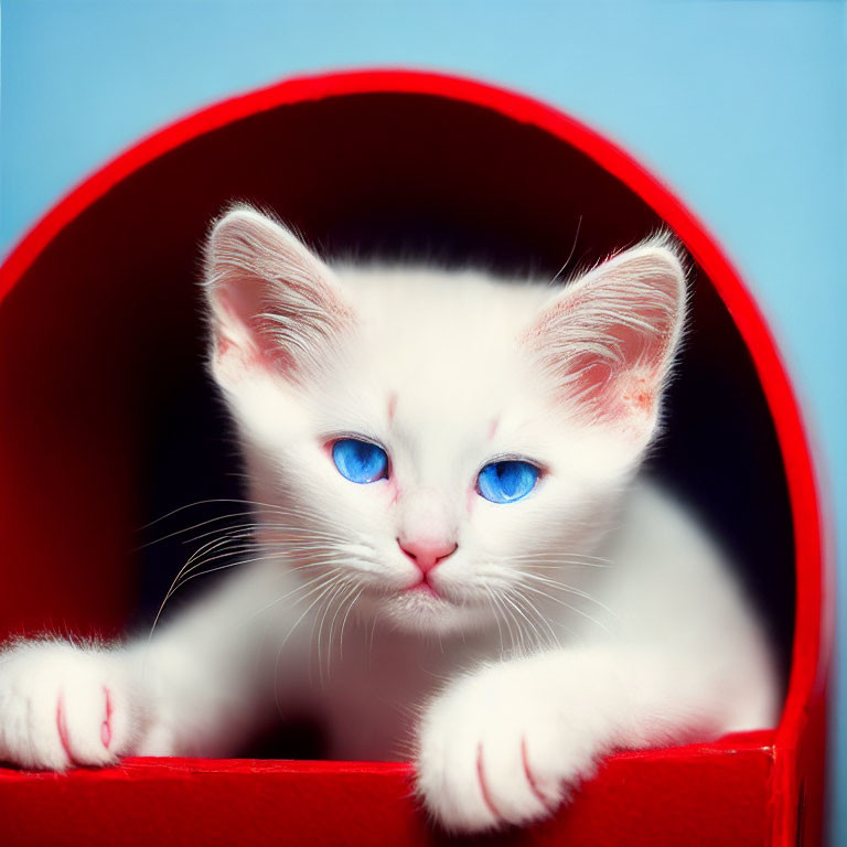 White Kitten with Blue Eyes in Red Cube on Blue Background