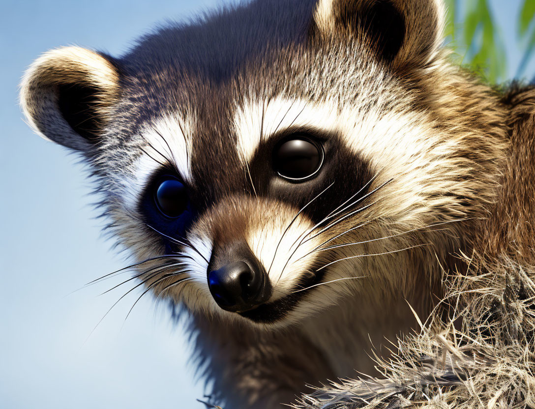 Detailed Close-Up of Raccoon's Face and Blue Eyes