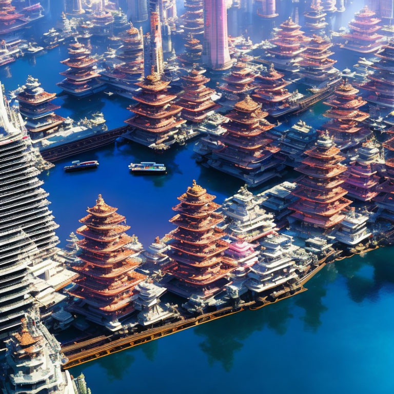 Futuristic cityscape with pagoda towers by waterway and boats