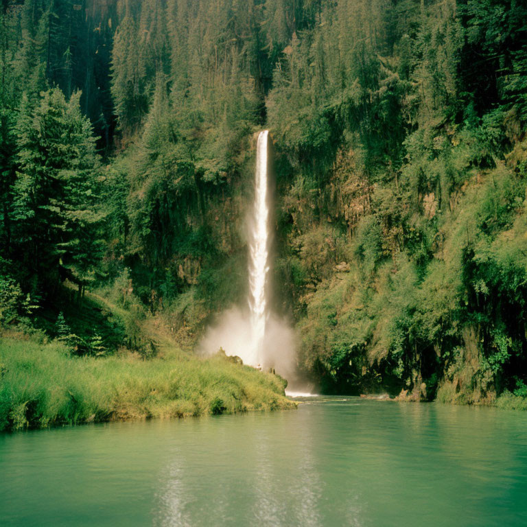 Tranquil waterfall flowing into lush forest river