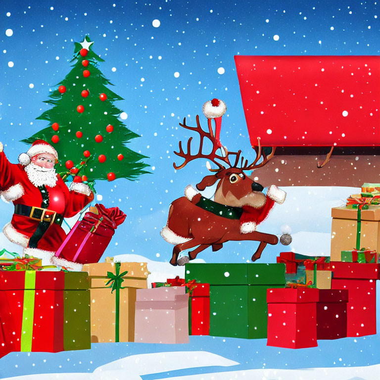 Festive Santa, reindeer, gifts, and Christmas tree in snowy scene