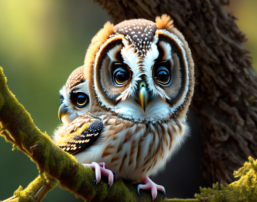 Two owls perched on branch with vivid eyes and detailed plumage in soft golden light