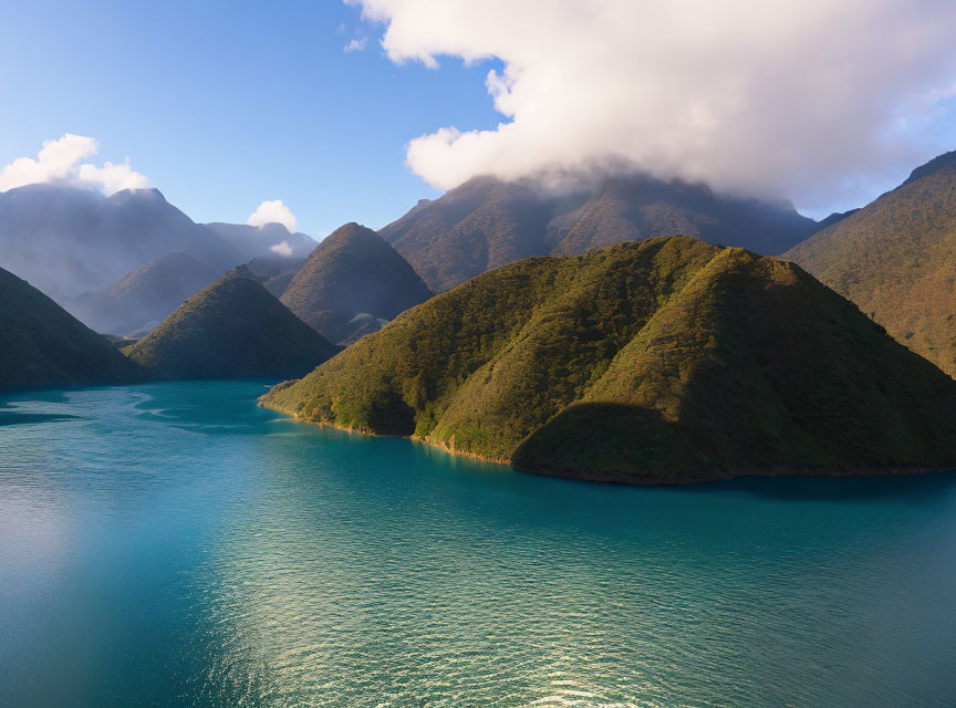 Tranquil lake and green mountains under cloudy sky