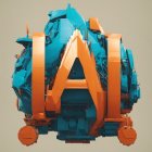 Abstract orange and blue mechanical sphere with letter 'A' on neutral background