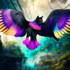 Fantastical black cat with vibrant peacock-like wings in enchanted forest