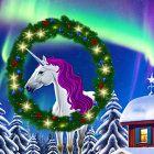 White Unicorn with Pink Mane in Sparkling Green Wreath Under Night Sky