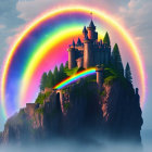 Majestic fantasy castle on cliff under vibrant rainbow