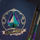 Colorful Crystal Graphic Emblem with "RENCHARS" Text on Stylized Banner Against Geometric