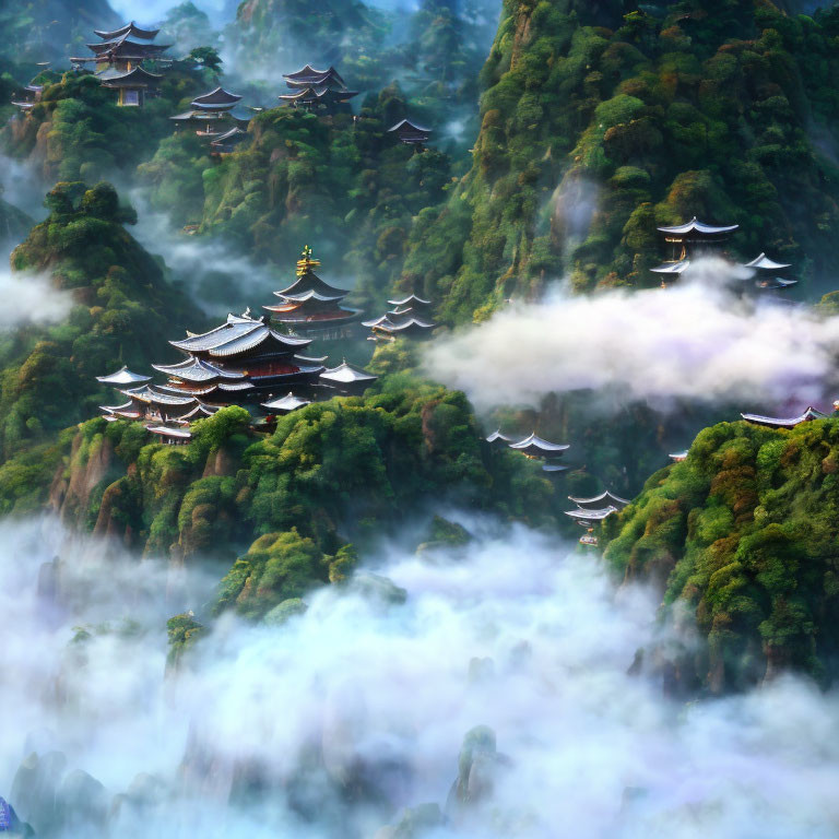 Asian-style Pagodas in Misty Mountain Landscape