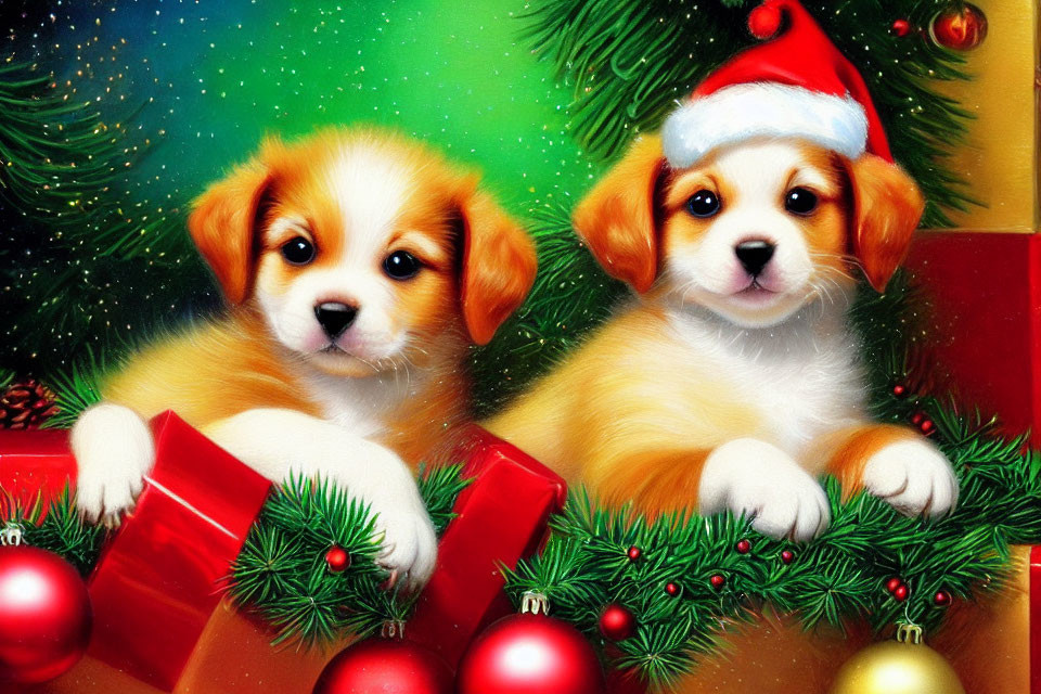 Two Santa hat-wearing puppies in red gift box with Christmas decorations