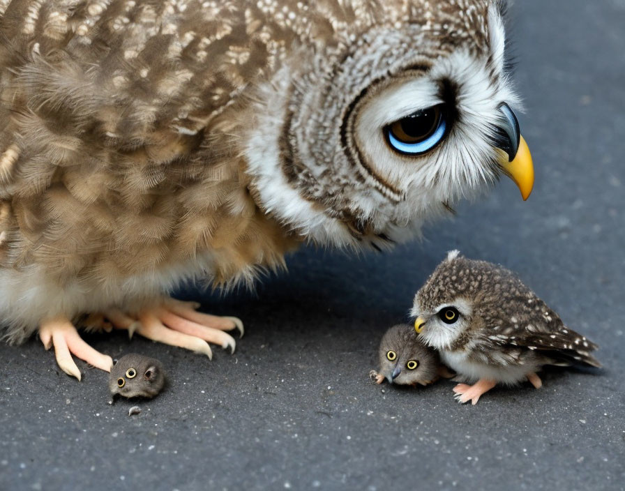 Large owl observes tiny owl figurines on tarmac surface