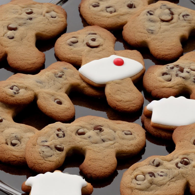 Assorted freshly baked cookies with chocolate chips and white icing