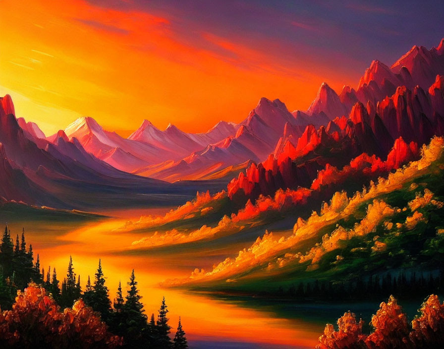 Colorful Mountain Landscape with Fiery Sunset Sky and Autumn Trees