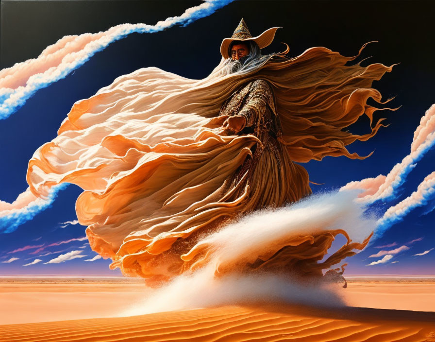 Majestic figure in robes on sand dune under blue sky.